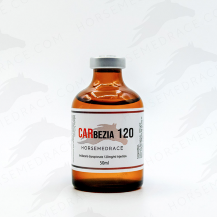 Analytical-grade Carbesia imidocarb injectable vial in a veterinary laboratory setting, supplied by Equine Pharma World.