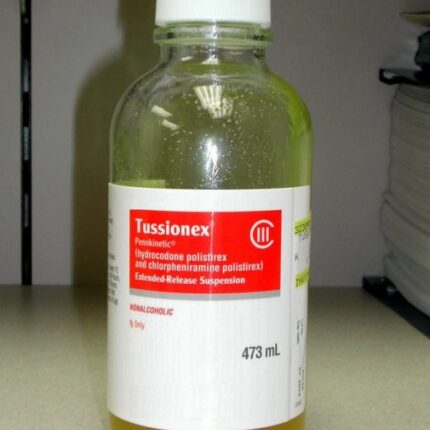 Tussionex Cough Syrup in its labeled pharmaceutical packaging.