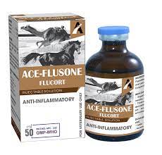 Analytical-grade Ace Flusone flunixin injectable vial in a veterinary laboratory setting, supplied by Equine Pharma World.