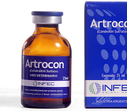 Analytical-grade Artrocon chondroitin sulfate injectable vial in a veterinary laboratory setting, supplied by Equine Pharma World.
