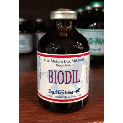 Analytical-grade Biodil 50 mL injectable vial in a veterinary laboratory setting, supplied by Equine Pharma World.