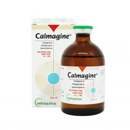Analytical-grade Calmagine metamizole injectable vial in a veterinary laboratory setting, supplied by Equine Pharma World.