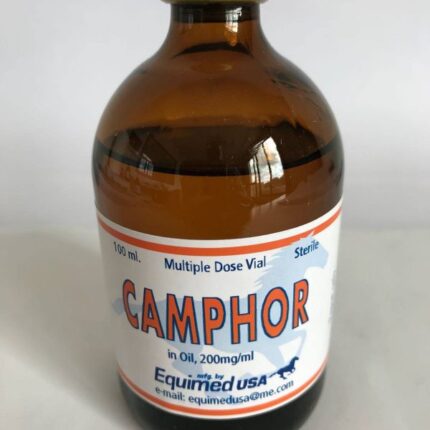 Analytical-grade Camphor equine liniment bottle in a veterinary laboratory setting, supplied by Equine Pharma World.