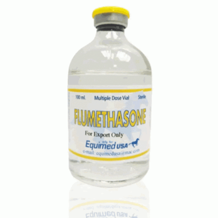 Analytical-grade Flumethasone 100 mL injectable vial in a veterinary laboratory setting, supplied by Equine Pharma World.