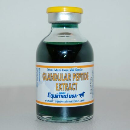 Analytical-grade Glandular Peptide Extract 30 mL injectable vial in a veterinary laboratory setting, supplied by Equine Pharma World.