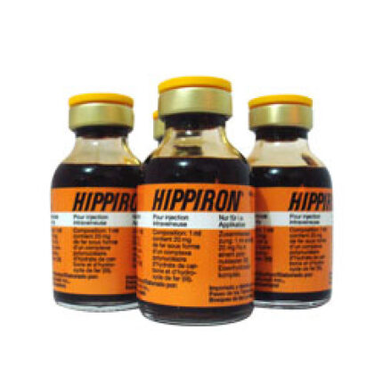 Analytical-grade Hippiron iron sucrose injectable vial in a veterinary laboratory setting, supplied by Equine Pharma World.