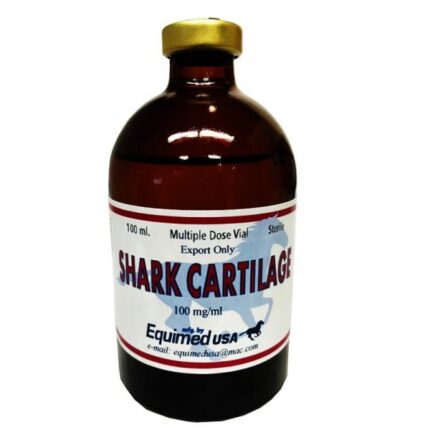 Analytical-grade Shark Cartilage 100 ml injectable vial in a veterinary laboratory setting, supplied by Equine Pharma World.