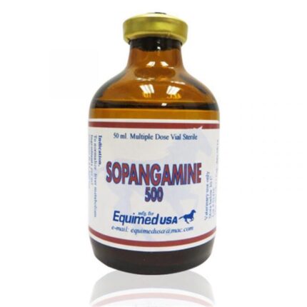 Analytical-grade Sopangamine 500 injectable vial in a veterinary laboratory setting, supplied by Equine Pharma World.