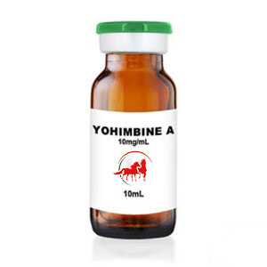 Yohimbine A 10 ml yohimbine hydrochloride veterinary injectable vial for alpha-2 agonist sedation reversal, supplied by Equine Pharma World.